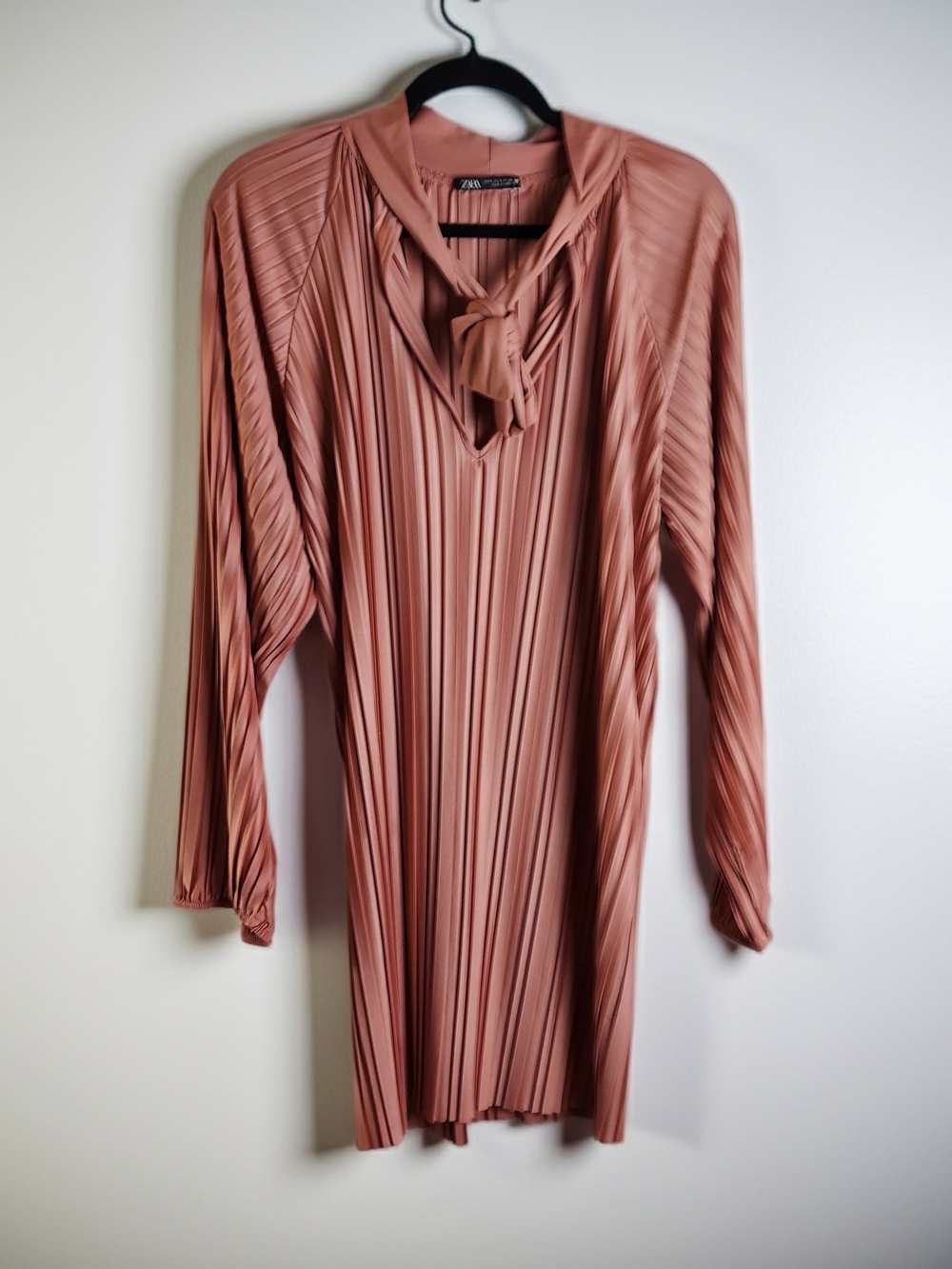 Zara Dusty Rose Pleated Tie-Neck Long Sleeve Dress